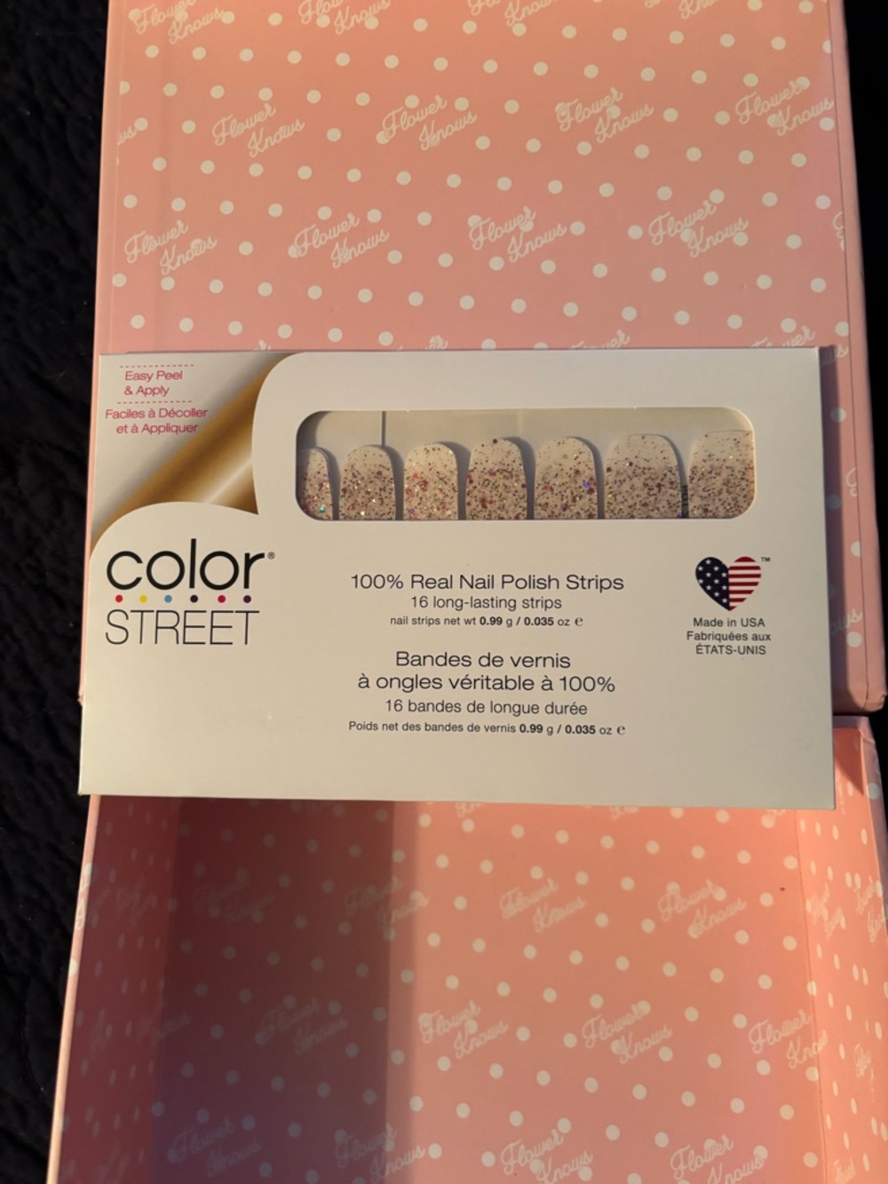 Color Street White Nail Strips with Pink & Silver Glitter